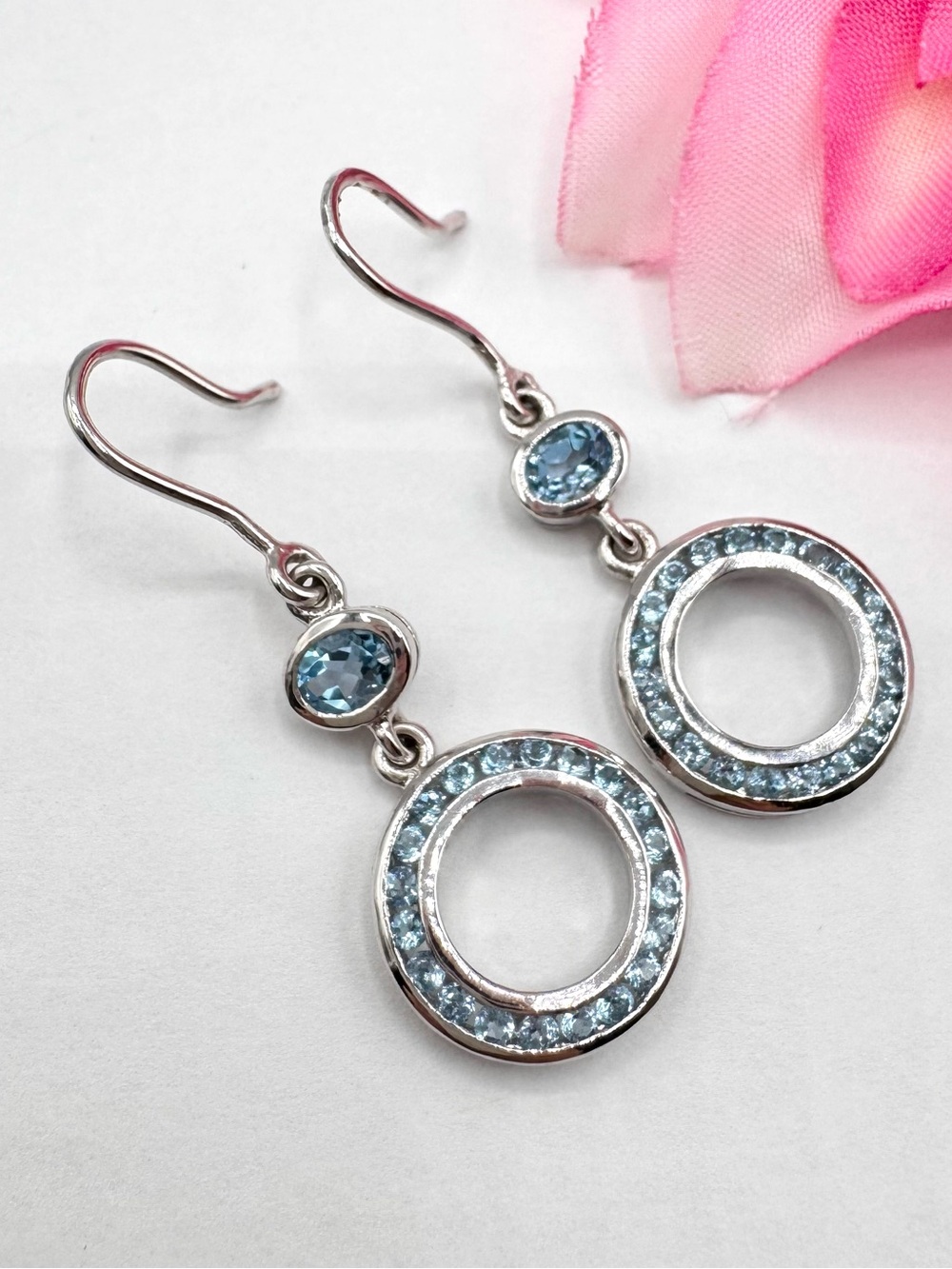 Blue Topaz 925 Sterling Silver Circle Dangle Earrings Channel Set Stones 5.18 g